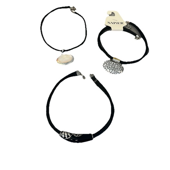 Napier Jewelry - Lot Of 3 Leather, Silver Chokers- NAPIER Pebble, RMN Abalone, Silver & Leaf